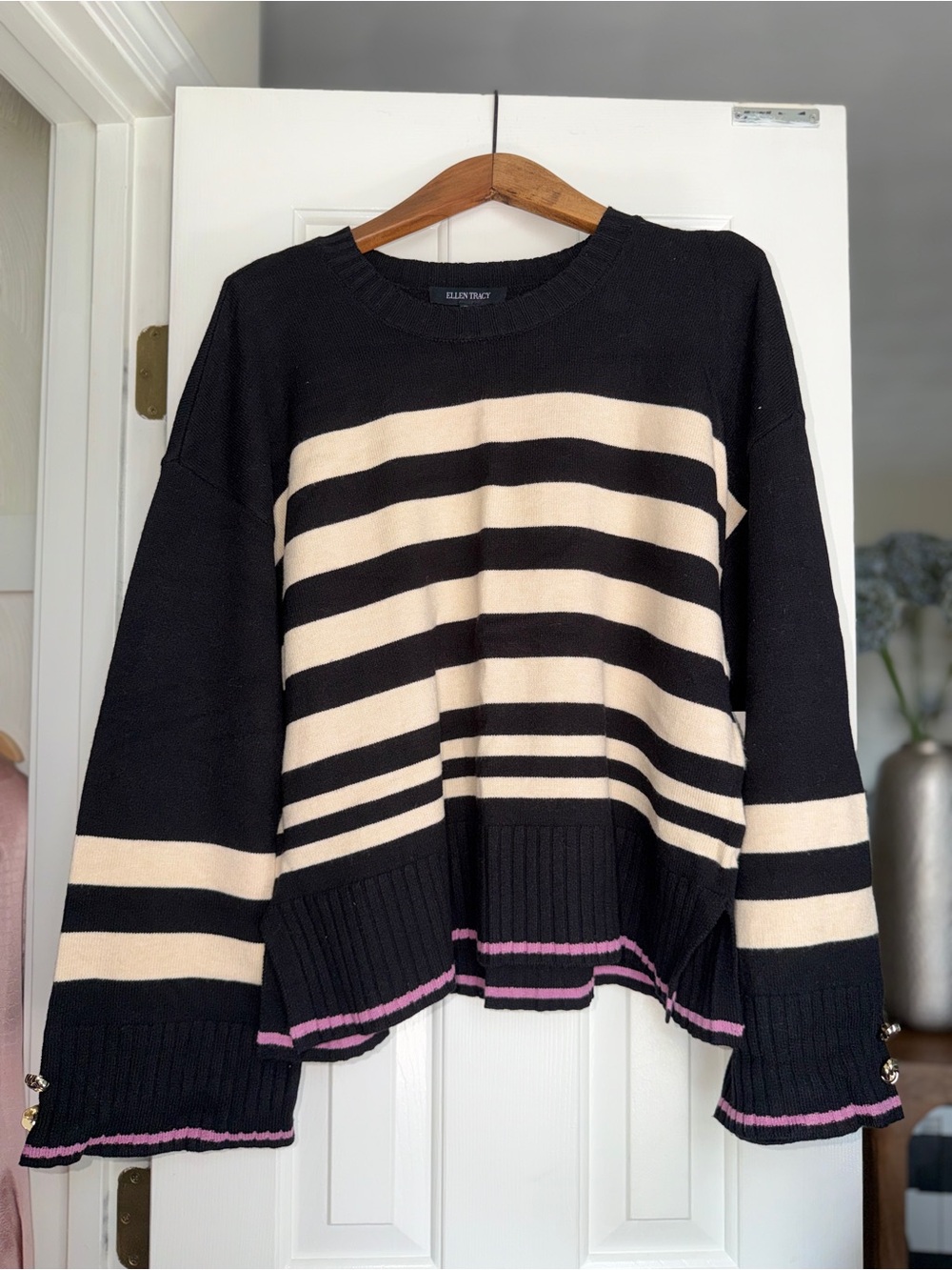 Ellen Tracy Navy Cream Striped Oversized Sweater Preppy Coastal XL